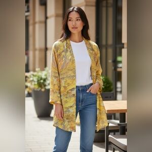 Yellow Abstract Patterned Open Jacket